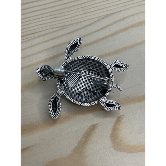 Turtle-Inspired Silver-Tone & Faux Mother-Of-Pearl Brooch Rhinestone Accents - Picture 4 of 5